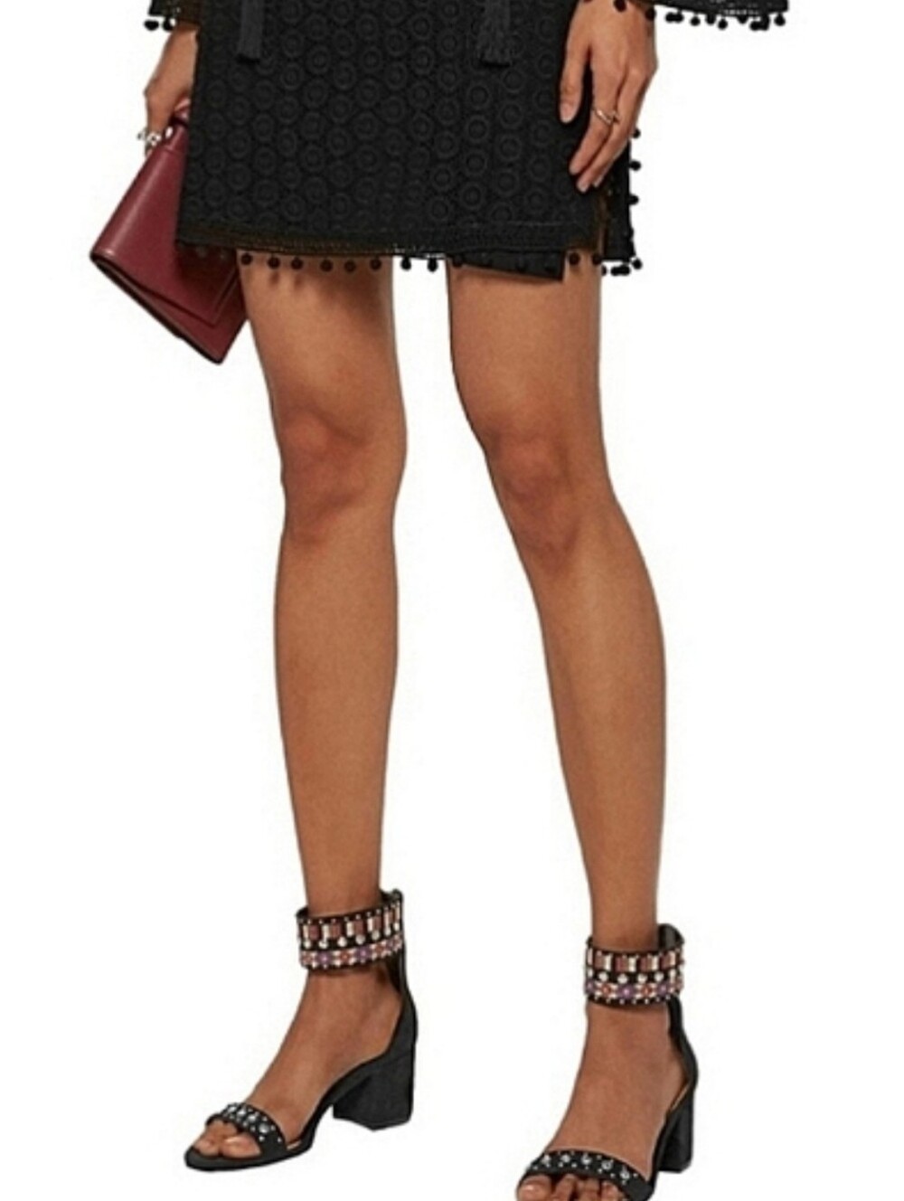 SCHULTZ Studded Embroidered Ankle Strap Chunky Low Heel Sandals